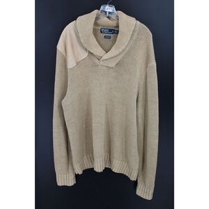 VTG Polo Ralph Lauren Military Style Knit Sweater XXL TAN Shoulder Elbow Patch